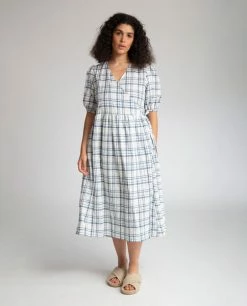 Trixie Organic Cotton & Linen Dress In Navy & White Check