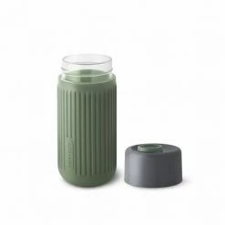 Black + Blum Travel Cup In Tough Borosilicate Glass With Silicone Cover 340 Ml 12 Fl Oz Grey Olive