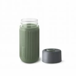 Black + Blum Travel Cup In Tough Borosilicate Glass With Silicone Cover 340 Ml 12 Fl Oz Grey Olive