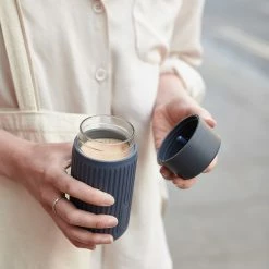 Black + Blum Travel Cup In Tough Borosilicate Glass With Silicone Cover 340 Ml 12 Fl Oz Grey Olive