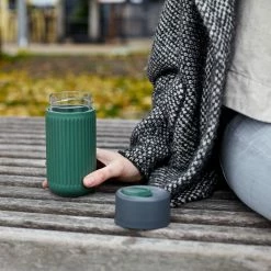 Black + Blum Travel Cup In Tough Borosilicate Glass With Silicone Cover 340 Ml 12 Fl Oz Grey Olive