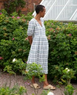 Trixie Organic Cotton & Linen Dress In Navy & White Check