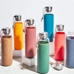 Black + Blum Water Bottle Glass Leak Proof Lightweight With Burgundy Purple Protective Sleeve 600 Ml