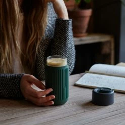 Black + Blum Travel Cup In Tough Borosilicate Glass With Silicone Cover 340 Ml 12 Fl Oz Grey Olive