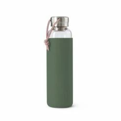 Black + Blum Water Bottle In Tough Borosilicate Glass With Silicone Cover Olive