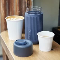 Black + Blum Travel Cup In Tough Borosilicate Glass With Silicone Cover 340 Ml 12 Fl Oz Grey Olive