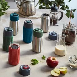 Black + Blum Travel Cup In Tough Borosilicate Glass With Silicone Cover 340 Ml 12 Fl Oz Grey Ocean