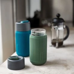 Black + Blum Travel Cup In Tough Borosilicate Glass With Silicone Cover 340 Ml 12 Fl Oz Grey Slate